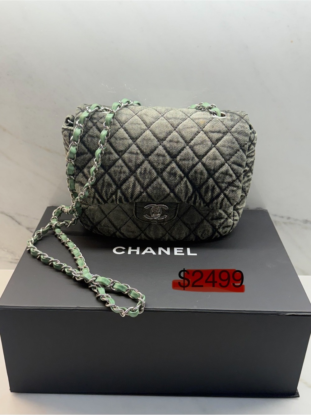 CHANEL Quilted Crossbody Bag in Washed Sage Green with Silver Hardware